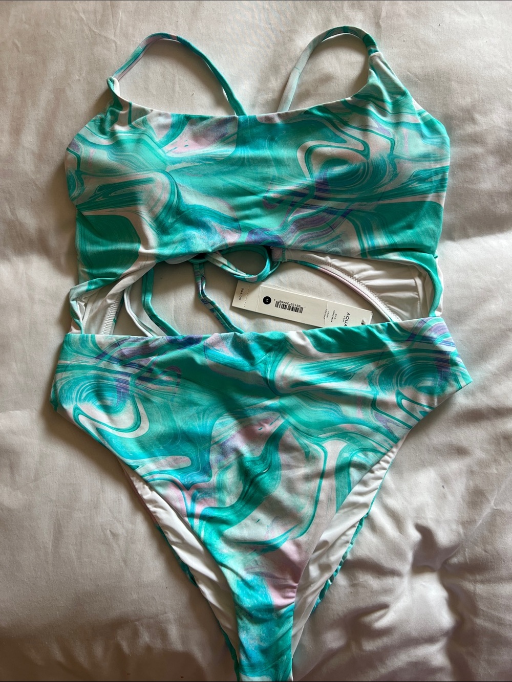 Aqua Women Swim Marble-Print Cutout One-Piece - Teal, White